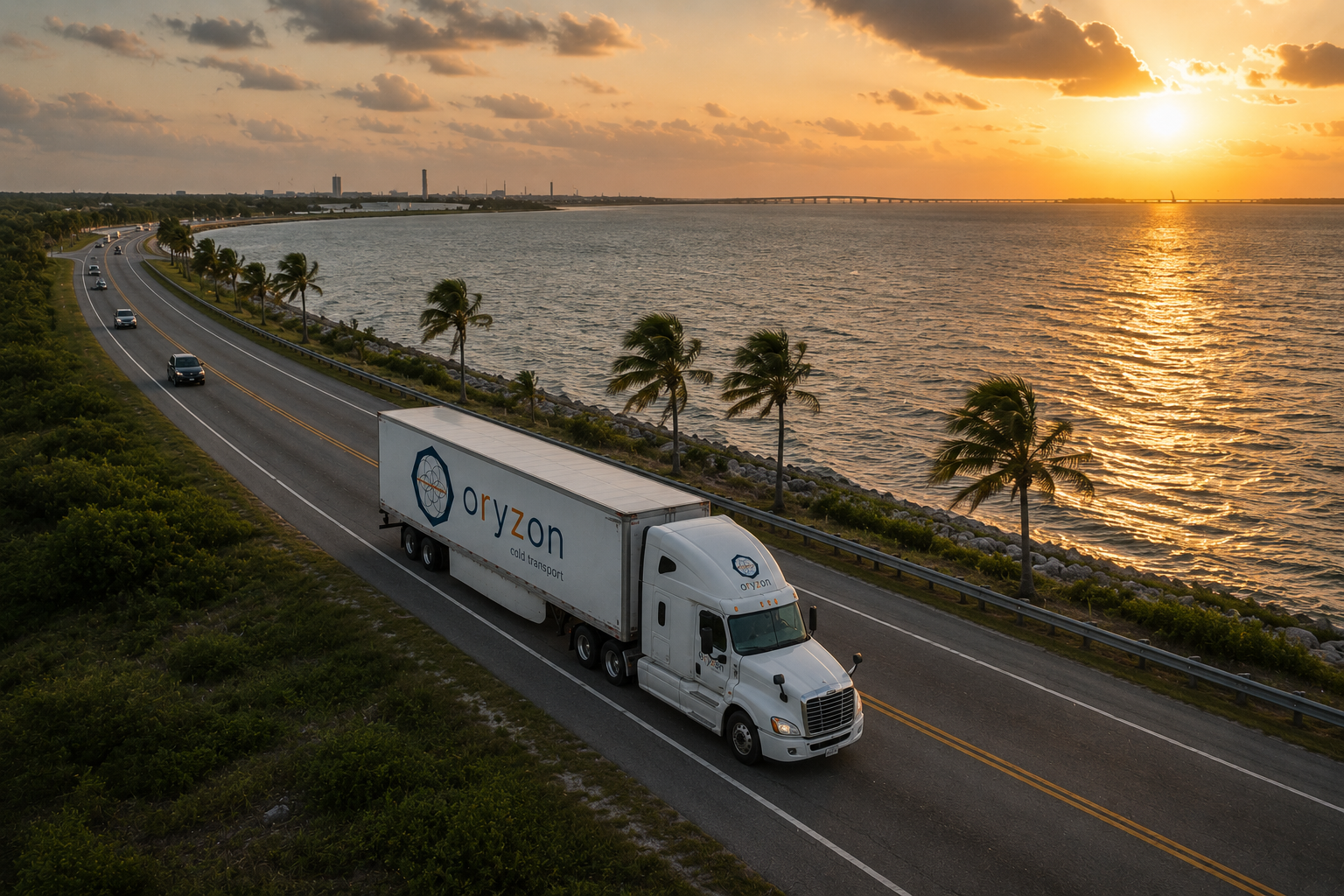 Oryzon Cold Transport refrigerated truck on Gulf Coast route at sunset