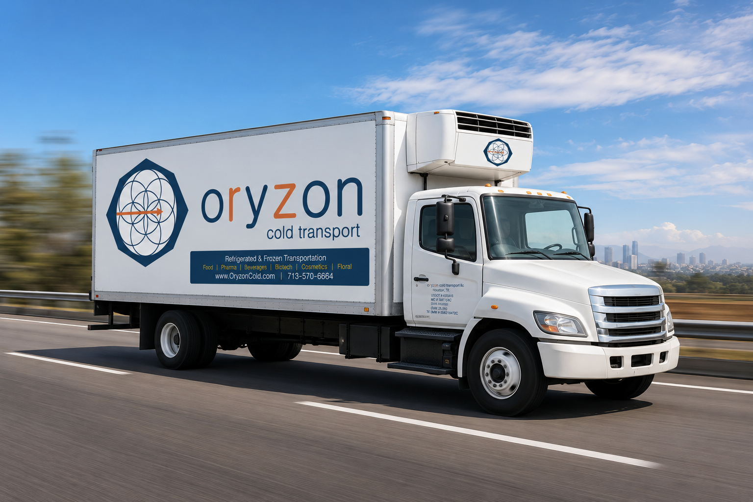 Oryzon Cold Transport refrigerated truck on Texas highway