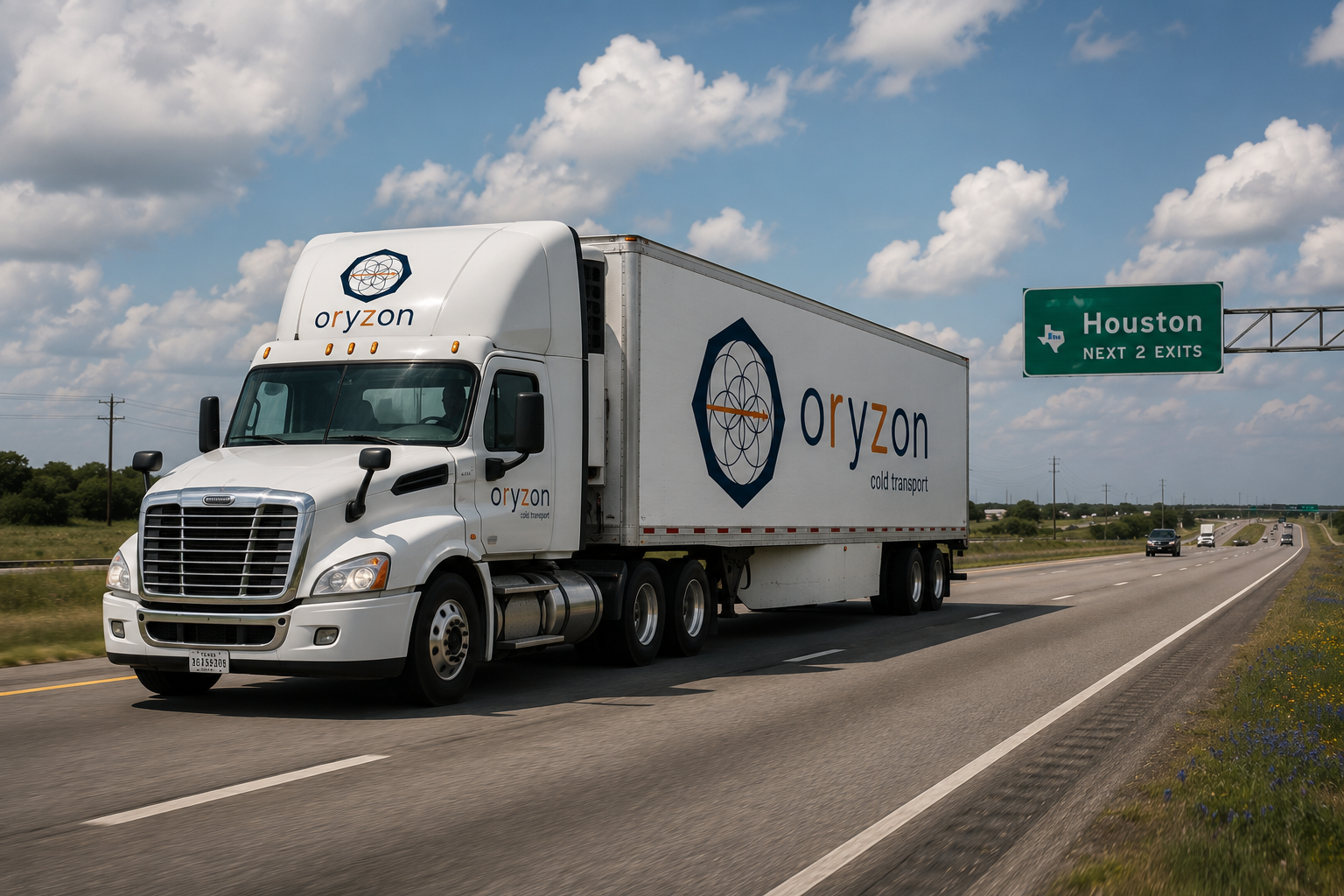 Oryzon Cold Transport refrigerated truck approaching Houston