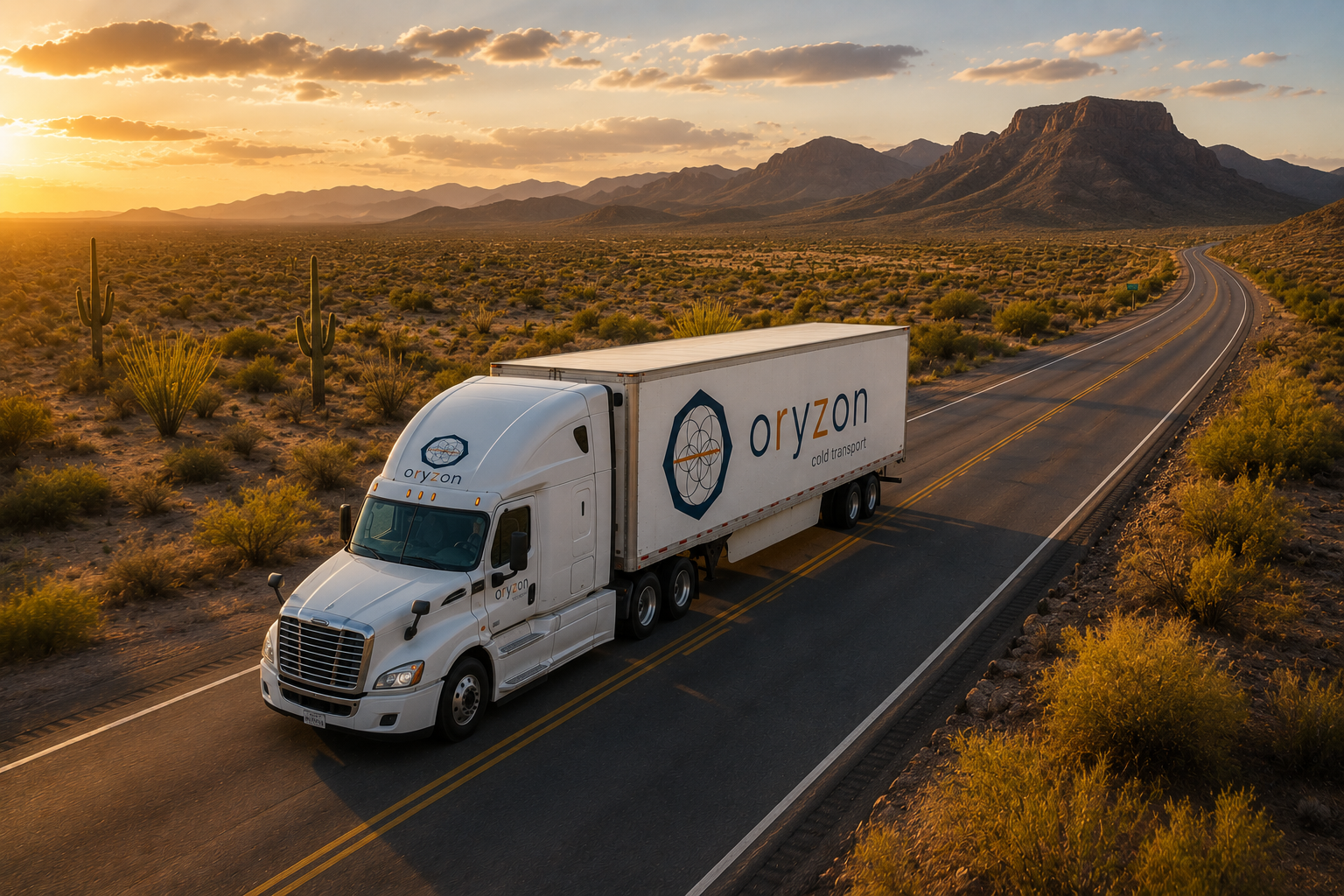 Oryzon Cold Transport refrigerated truck on open highway at sunset