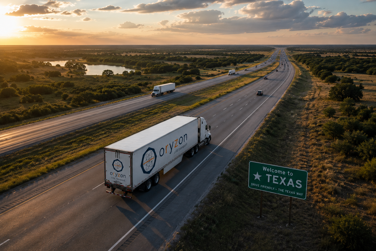Oryzon Cold Transport truck on Texas highway at golden hour — farm to market refrigerated transport